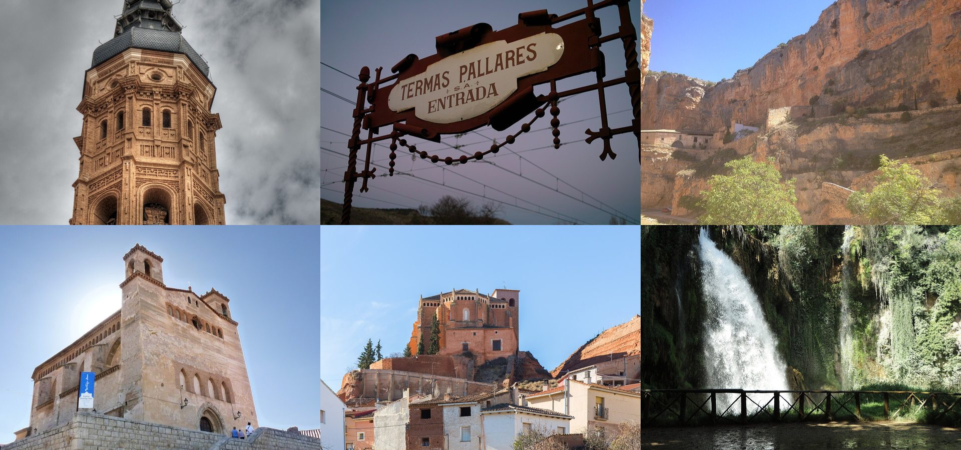 Collage de monumentos de la Comarca de Calatayud: Colegiata de Santa María, Monasterio de Piedra, castillo de Ateca, iglesias mudéjares de Tobed, Cervera y Torralba